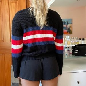 Cozy blue white and red striped black knit sweater perfect for fall